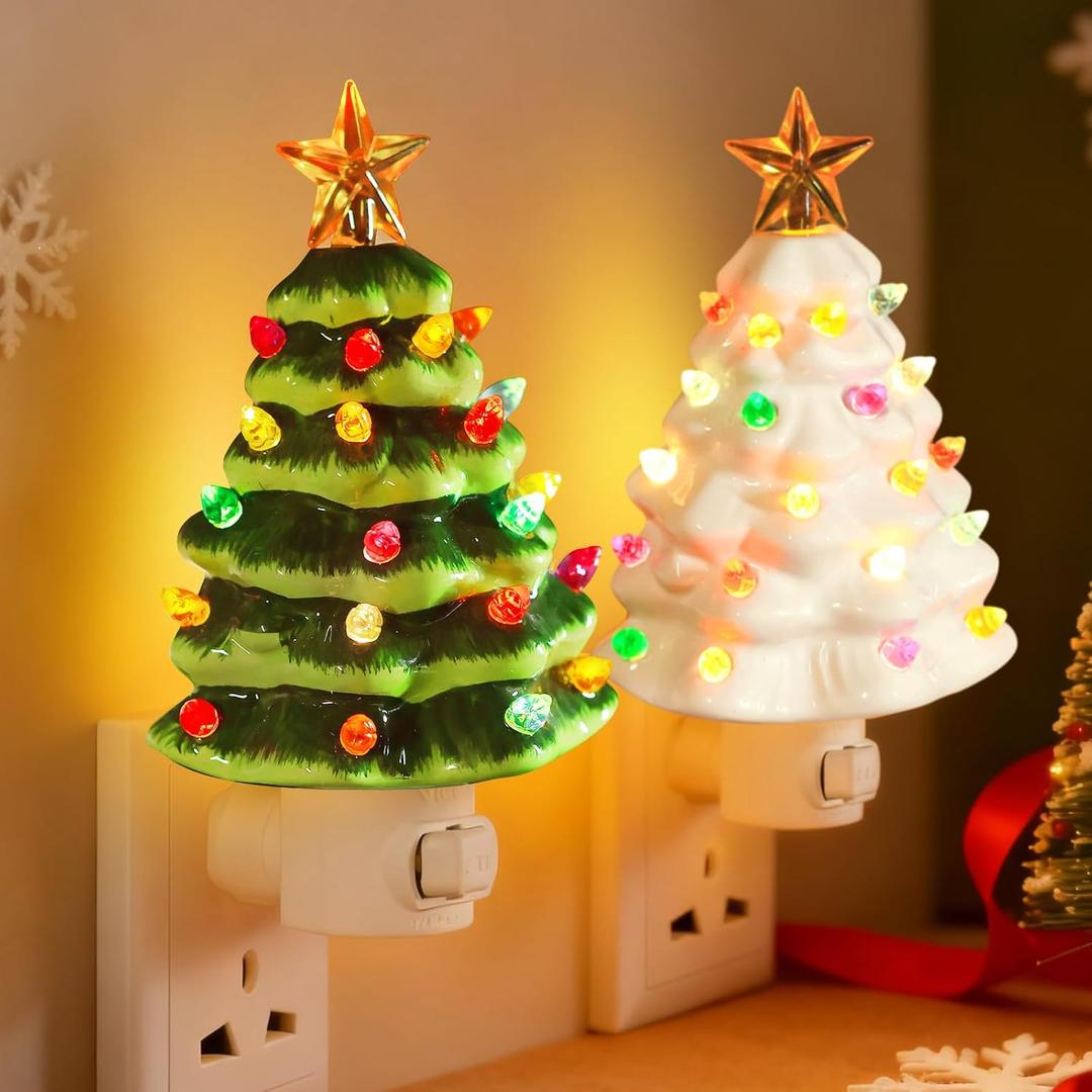 2 Pack Ceramic Christmas Tree Night Light, 6 Decorative Xmas Tree Lamp Multicolor Bulbs & ON/Off Switch, Vintage Christmas Wall Nightlight for Bedroom Bathroom Living Room Porch Holiday Decor