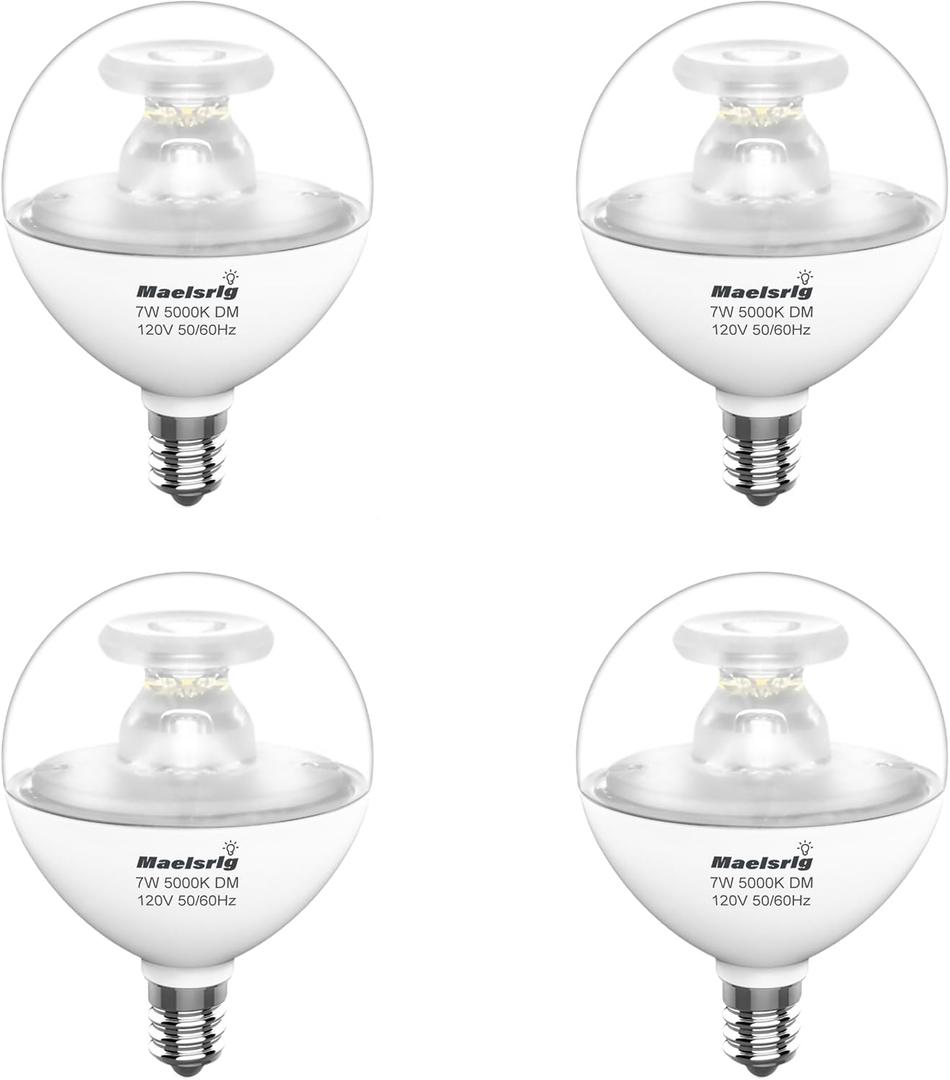 G16.5 Light Bulb LED, 60W Equivalent, Small Round Light Bulbs, E12 Candelabra Base, Dimmable, Daylight 5000K, 7W 600 Lumens, Type G Light Bulb, Clear Glass, Pack of 3