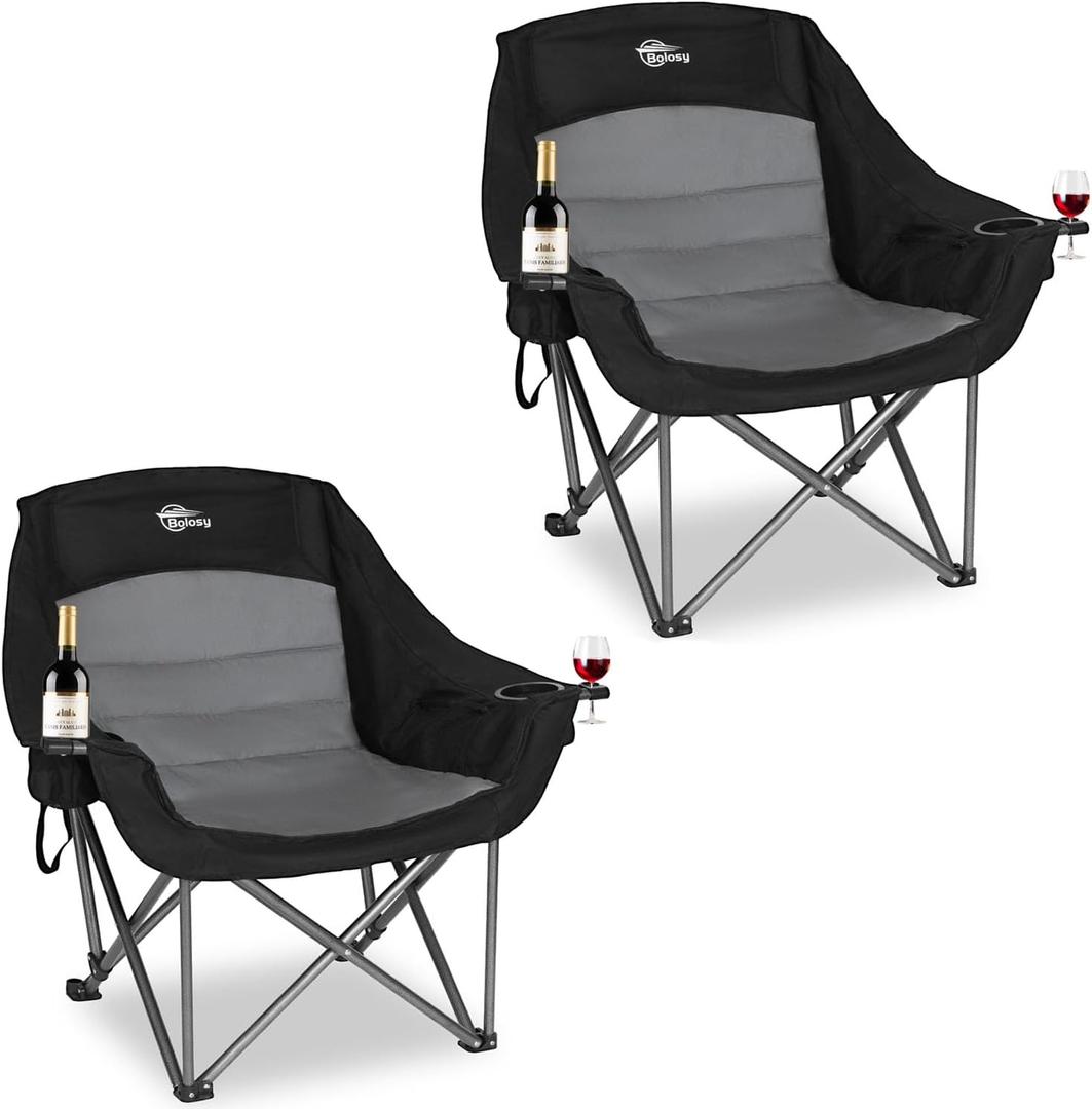 2 Pack Oversized Camping Chairs for Adults Heavy Duty Outdoor Folding Chairs Padded Portable Lawn Chairs XL Camp Chairs with Cup Holder Suproot 500 lbs (Black & Grey)