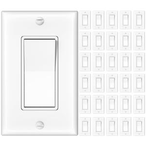 Amico 30 Pack Single Pole Light Switch with Wall Plate, UL Listed, 15A 120/277V, On/Off Rocker Paddle Interrupter Wall Switch, Grounding Screw, Residential Grade, Suitable for Home and Business, White