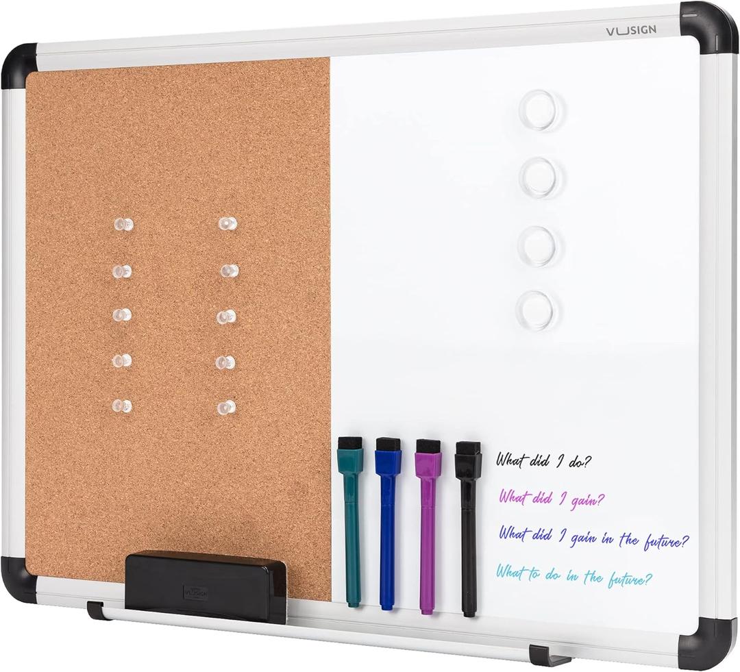 VUSIGN White Board and Cork Board Combination, 17" x 23" Dry Erase Board and Corkboard Combo for Home or Office, Wall Mounted Notice Bulletin Board with Aluminum Frame
