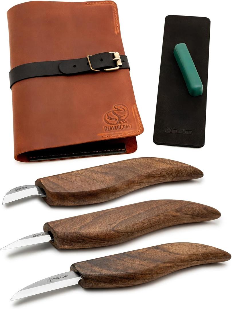 BeaverCraft Wood Carving Knife Set Deluxe S15X - Wood Carving Kit with Detail Chip Knife, Sloyd Roughing Whittling Knives & Leather Strop - Whittling Tools Set with Leather Case for Carvers