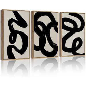 PHOPAGO Black Abstract Wall Art Ink Wash Minimalist Lines Framed Canvas Painting Artwork 11x14in Natural Framed