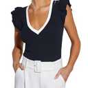 Ezbelle Women's Short Sleeve Ruffle Shirts Sleeveless Tops Knit V Neck Blouse Cropped Tank Sexy Slim Fitted Tops Office Basic Black, Medium