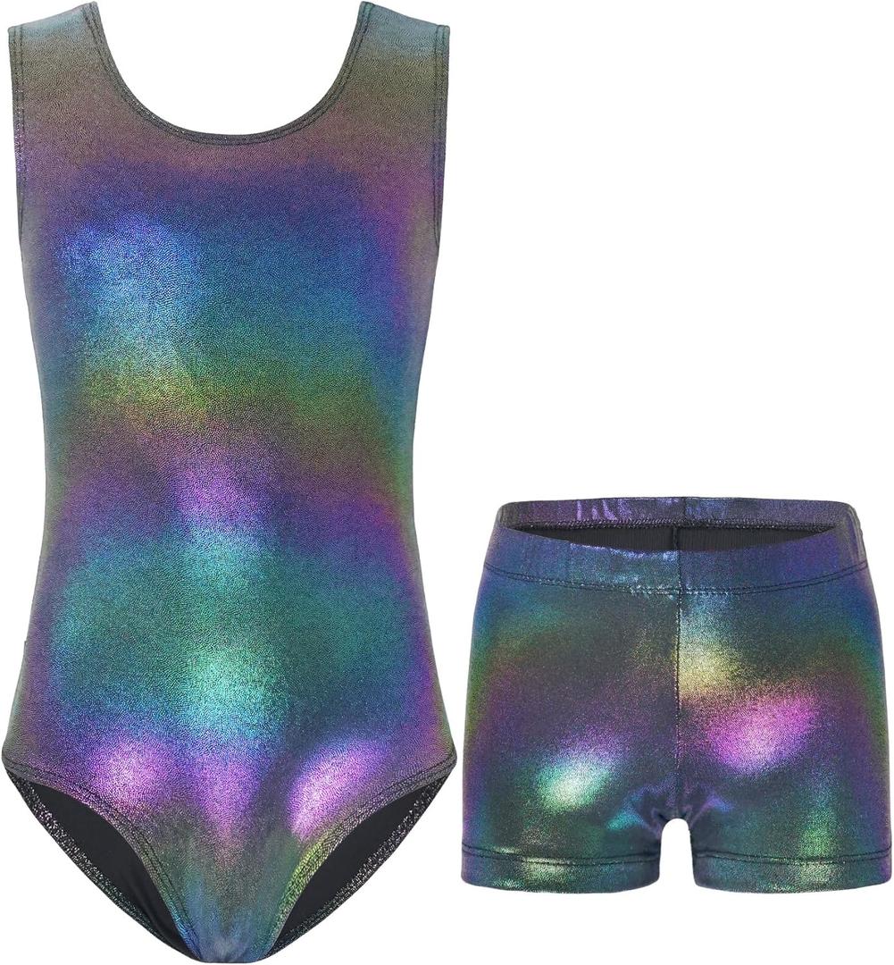 Nymphperi Girls Gymnastics Leotards 2 Piece Shiny Sleeveless Bodysuits with Sparkly Breathable Shorts Suit