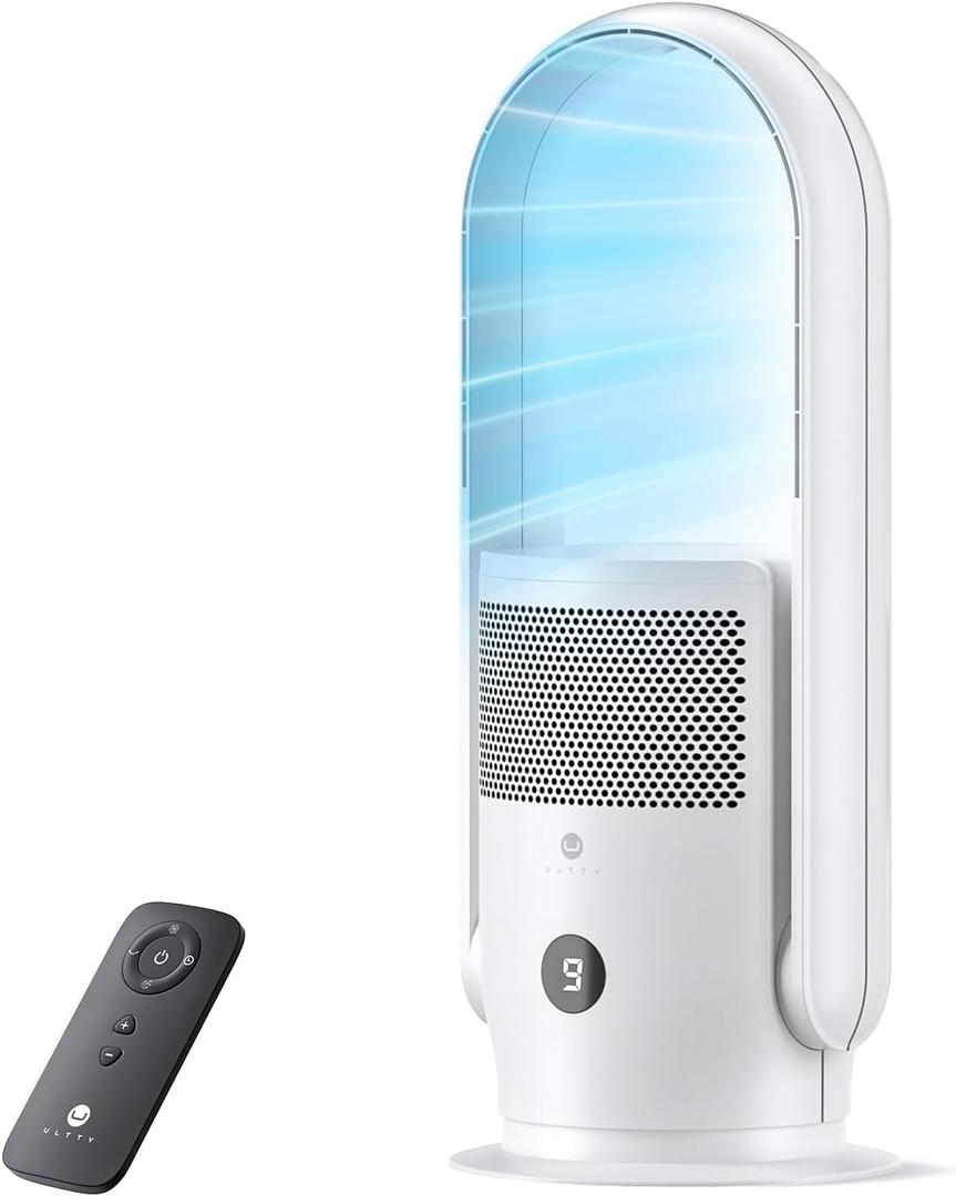 ULTTY Bladeless Tower Fan for Bedroom, Ultra Quiet Standing Fan, 9 Speeds 3 Modes, 8H Timer, Oscillating Bladeless Fan for Indoors, Safe Floor Fan for Bedroom Home Office, White, Medium