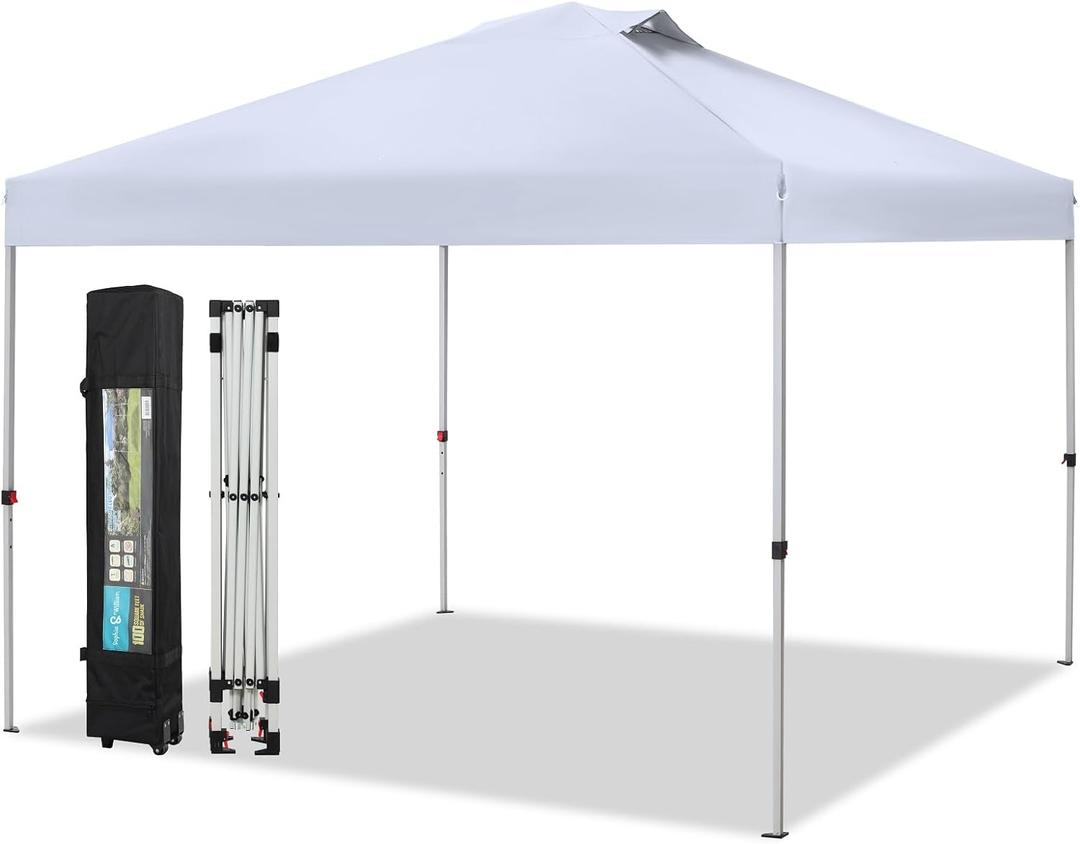 Sophia & William Canopy Tent Pop Up 10x10 ft, Outdoor Patio Portable Commercial Canopies Shelter Heavy Duty Straight Legs with Roller Bag, 8 Stakes, 4 Guy Ropes, UPF50+, White