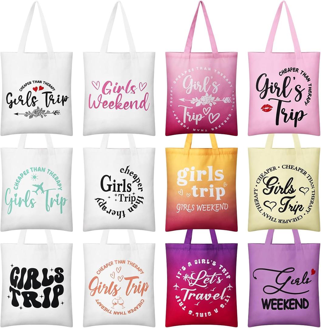 Paterr 12 Pcs Girls Weekend Trip Bags Friend Trip Gifts Favors for Women 2026 Canvas Tote Girls Weekend Beach Bags Friendship Travel Favors for Bestie Female Bachelorette Galentines Day