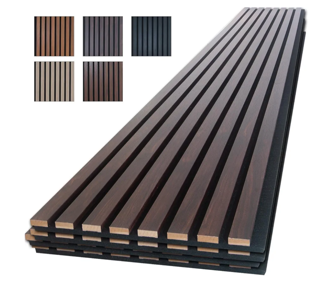 NeatiEase Wood Panels for Wall, 4-Piece 96" x 12.6" Soundproof Wood Slat Wall Panel for Interior Wall Decor Noise Cancelling, Wood Acoustic Wall Panels, Sound Absorbing Panel (Dark Walnut)