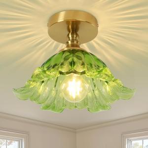 Semi Flush Mount Ceiling Light Fixture, 11in Green Glass Vintage Light Fixtures Ceiling for Hallway Kitchen Foyer Entryway Bedroom, E26 Base