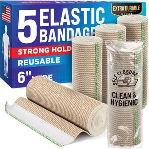 Premium Elastic Bandage Wrap - 6 (5pk) - Strong Compression - Self-Closing Reusable Bandages for Legs, Knee, Back, Abdomen, Lymphedema - Body Wrap - for First Aid Kit and After Surgery Recovery