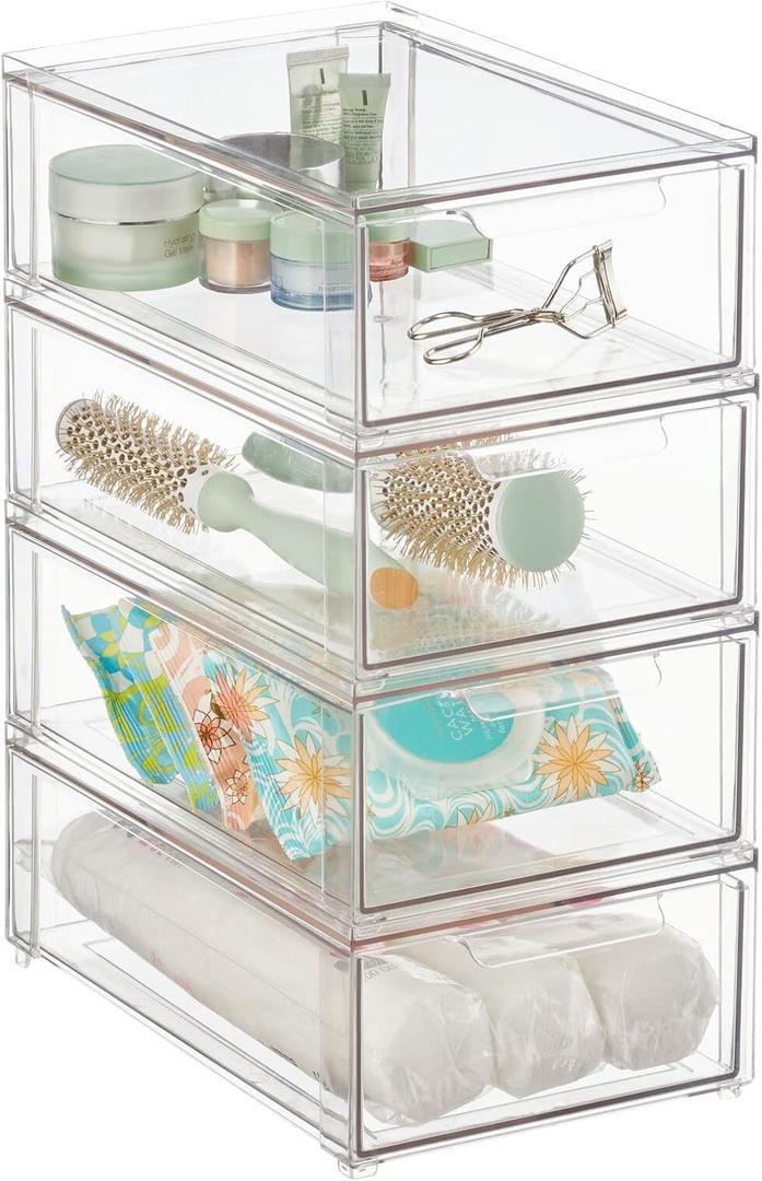 mDesign Plastic Stackable Bathroom Storage Organizer Bin with Pull Out Drawer for Cabinet, Vanity, Shelf, Cupboard, Cabinet, or Closet Organization - Lumiere Collection - 2 Pack - Clear