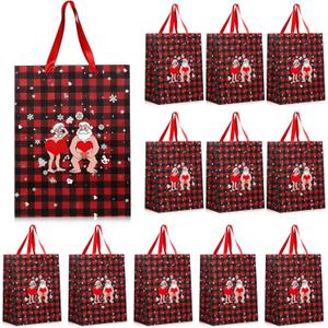 ForraFun 12 Pcs Funny Christmas Paper Bags Naughty Red Black Plaid Santa Gifts Bags for Women Men Husband Wife Holiday Xmas Party Favor