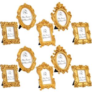 Maitys 10 Pcs Mini Picture Vintage Frames with Stands Tiny Antique Photo Baroque Ornate Resin Oval Frame Table Top Display Home Wedding Decor (Gold)