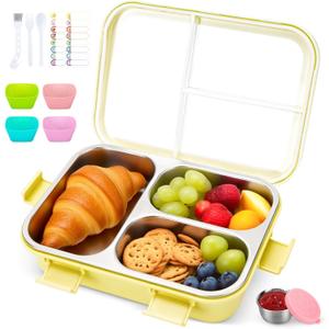 Stainless Steel Lunch Box Kids, 3 Compartments Leak Proof Metal Bento Box, Snack Containers with Condiment Cup, Food Storage Containers With Utensils and Small Cleaning Brush Set, Yellow