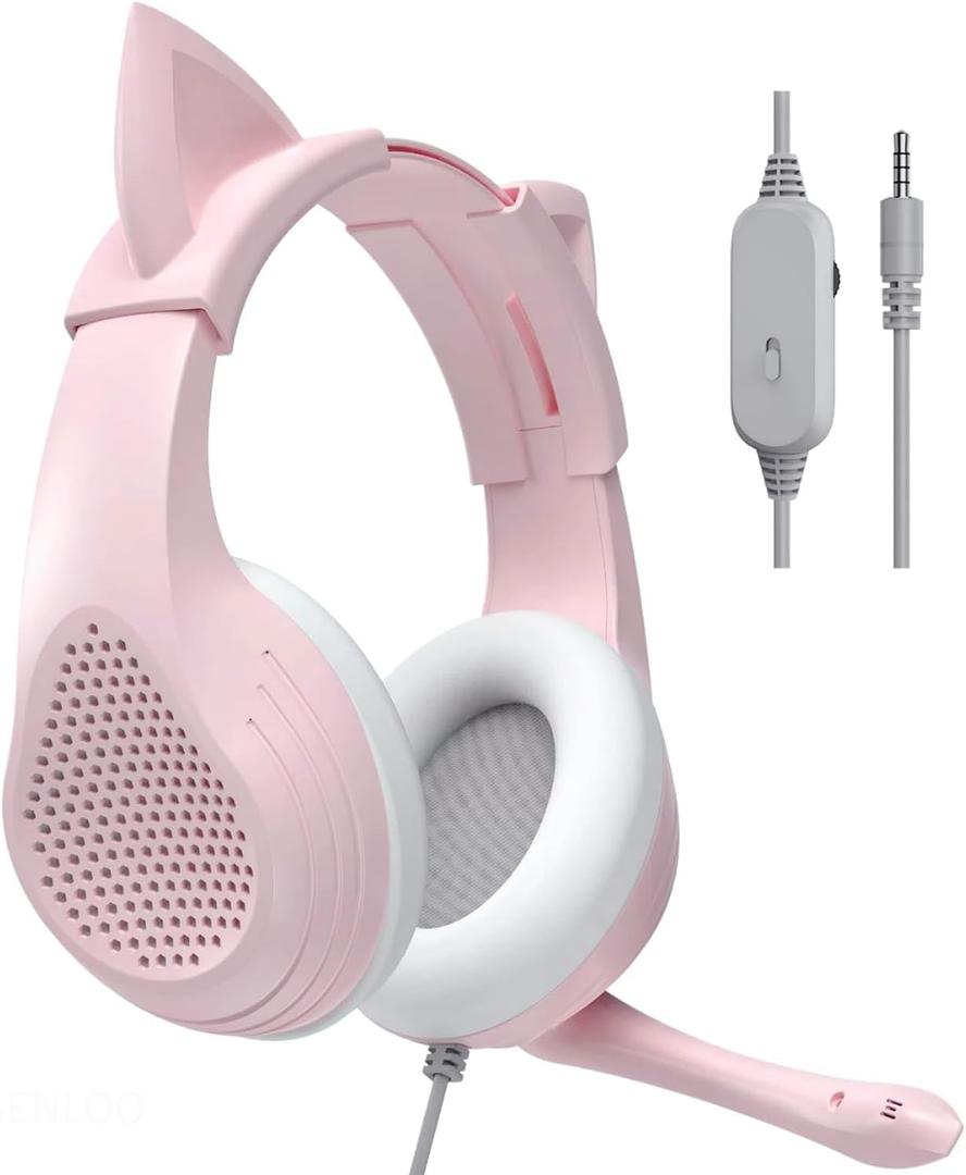 Pink Cat Ears Gaming Headset with Microphone for PS4 Xbox One PS5 Controller, Over Ear Wired Headphones with Mic for PC Computer Mac Laptop and Consoles