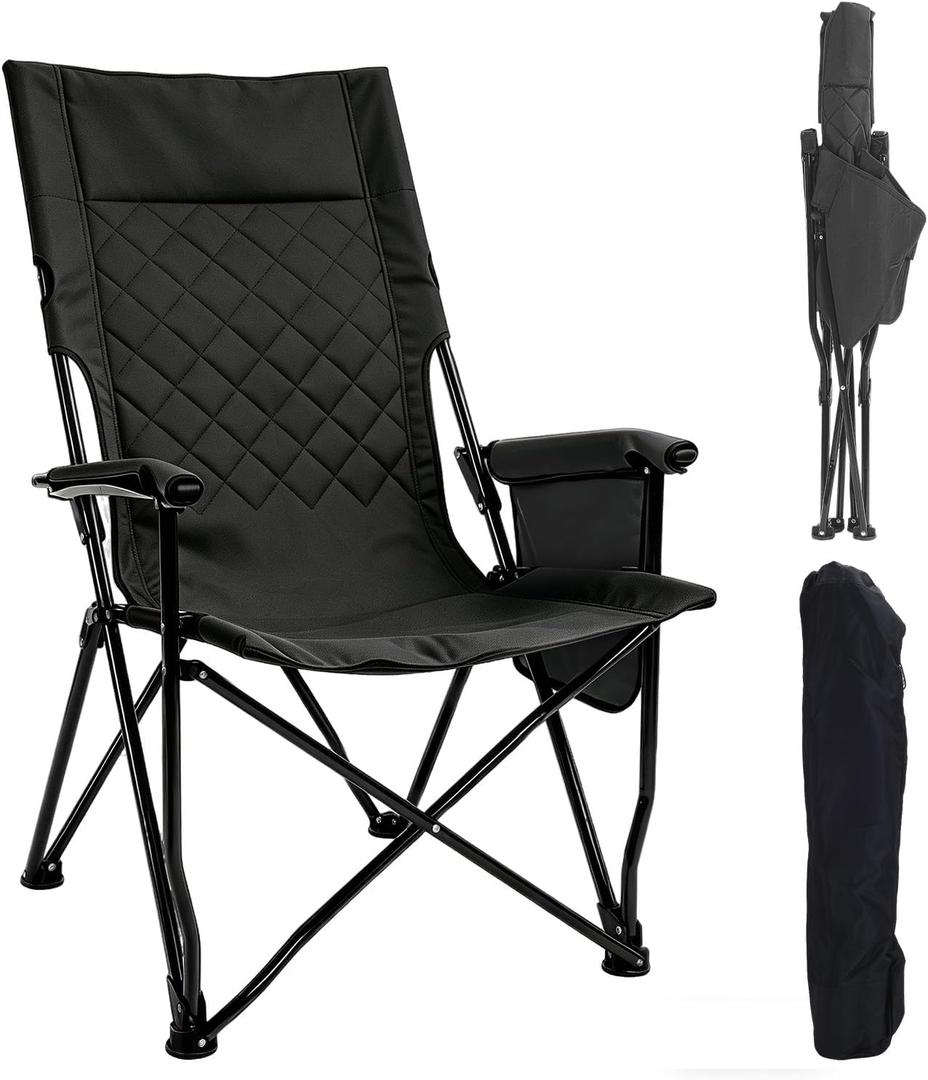 Folding Camping Chair, High Back Padded Portable Camp Chair with Storage Bag, 600D Oxford Fabric Comfortable Chair for Outdoor Camping, Beach, Fishing (Black)