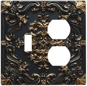 Wuyocha Decorative Light Switch Cover Plate Black Gold Rococo Floral Vintage Baroque 2 Gang Outlet Covers 1 Toggle 1 Duplex Wall Plate Decorate Electrical Switch Plate Covers for Kids Room Nursery