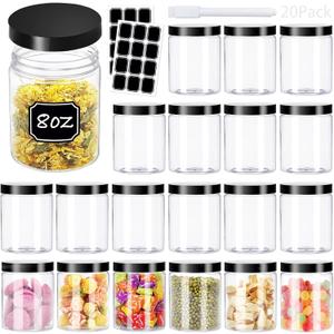 Dayify 20 pack 8oz Plastic Jars with Black Lids, Refillable Round Empty Containers for Cosmetics, Leakproof Clear Storage Containers with Pen Labels for Dry Food, Cookie, Cream, Butter, Slime
