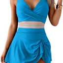 Aidonger Women One Piece Swimsuit V Neck Swimdress Color Block Bathing Suit Skirt Tummy Control Tie Back Swim Dress, M