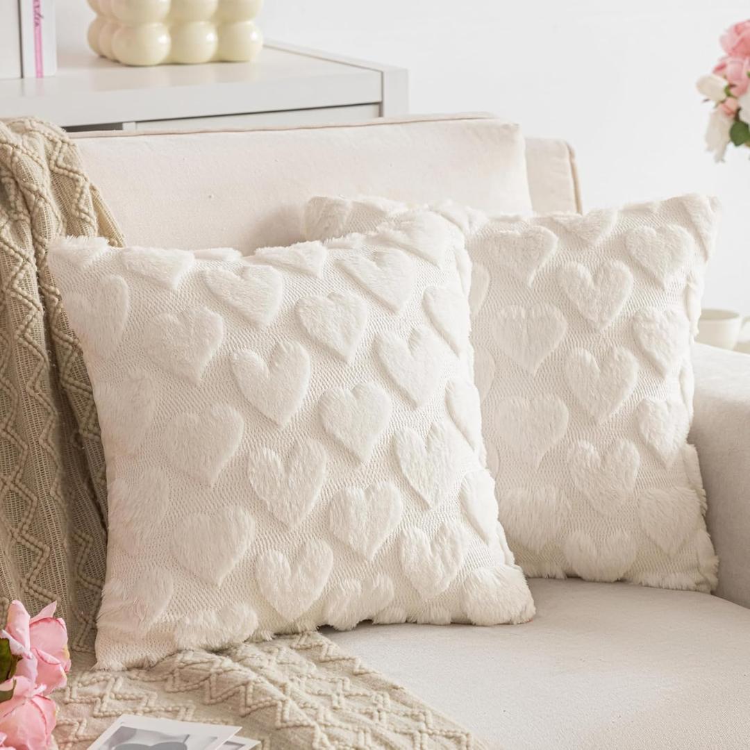 AQOTHES White Valentines Throw Pillow Covers 18x18 inch Set of 2 Valentine's Day Decor Faux Fur Love Heart Throw Pillows for Sofa Couch Living Room Holiday Festivals Decoration