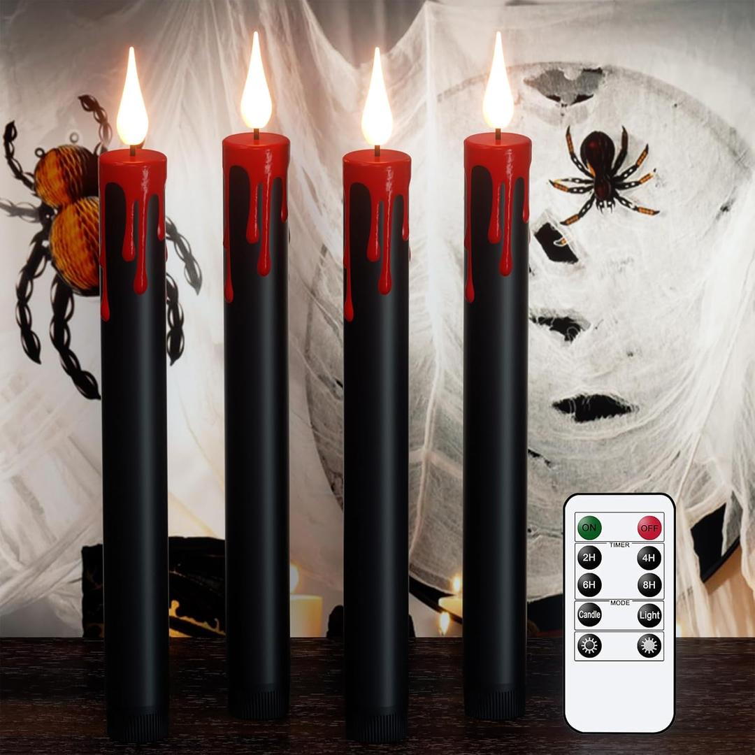 GenSwin Halloween Black Taper Flameless Candles Battery Operated with Remote Timer, 2 Pcs Drip Wax Flameless LED Candle Sticks with 3D Flickering Flame for Window Fireplace Decor (0.78 x 8.9 inches)