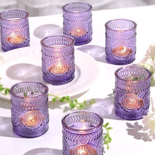 12pcs Purple Votive Candle Holders for Table Centerpieces, Glass Tea Lights Candle Holder for Bridal Shower, Baby Shower Decrations, Boho Tea Party Purple Decor, Gifts for Women