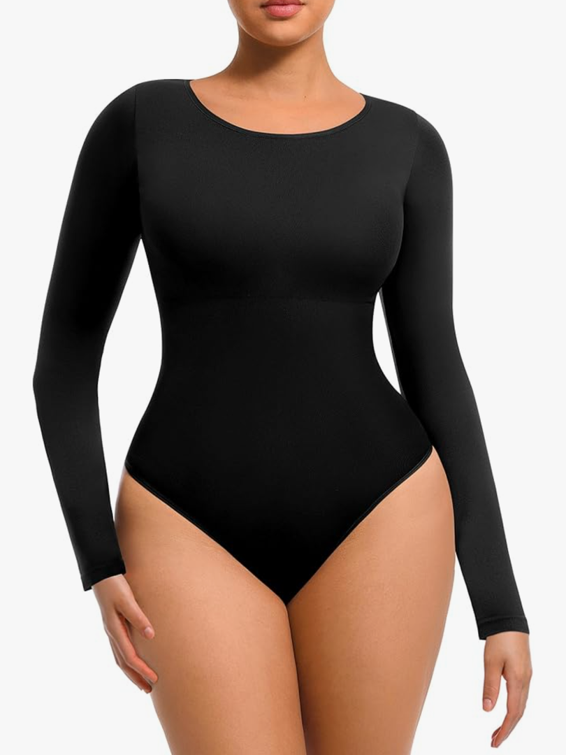 FeelinGirl Tummy Control Bodysuit for Women Long Sleeve Shapewear Thong Body Suit M/L