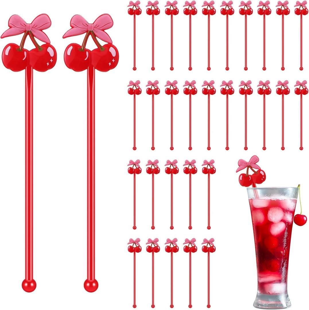 100 Pcs Cherry Bow Drink Stirrers 6 Inch Pink Red Coquette Bow Swizzle Sticks Plastic Preppy Coffee Cocktail Stir Sticks for Bachelorette Galentines Day Valentines Wedding Party Favors