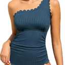 Summer Mae One Shoulder Women's One Piece Swimsuit Ribbed Scalloped Swim Suits Slimming Full Coverage Modest Bathing Suit 12
