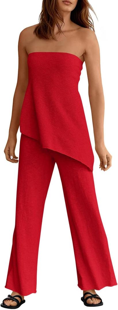 Tankaneo Womens 2 Piece Outfits Asymmetrical Tube Top Wide Leg Pants Knit Vacation Travel 2026 Matching Lounge Sets (Red, Small)