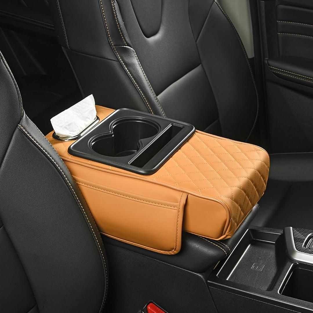 Car Armrest Cushion,5-in-1 Center Console Cover with 2 Storage Bags Cup Holder, Tissue Box Slot, Phone Slot for Sedans, Car Accessories Interior Organizers