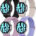 20mm Braided Elastic Bands for Samsung Galaxy Watch 7/FE/6/6 Classic 40mm 44mm 43mm 47mm 42mm 46mm Solo Loop Band, Adjustable Stretchy Nylon Fabric Sport Wristbands for Samsung Watch 7/6/5/4 (Black/Starlight/Lilac/Lavender)