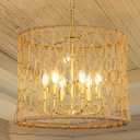 Wellmet Rustic Pendant Light, Boho Farmhouse Twine Pendant Light, Gold Rustic Chandelier for Dining Room, Living Room, Bedroom, Kitchen Island, 20''W