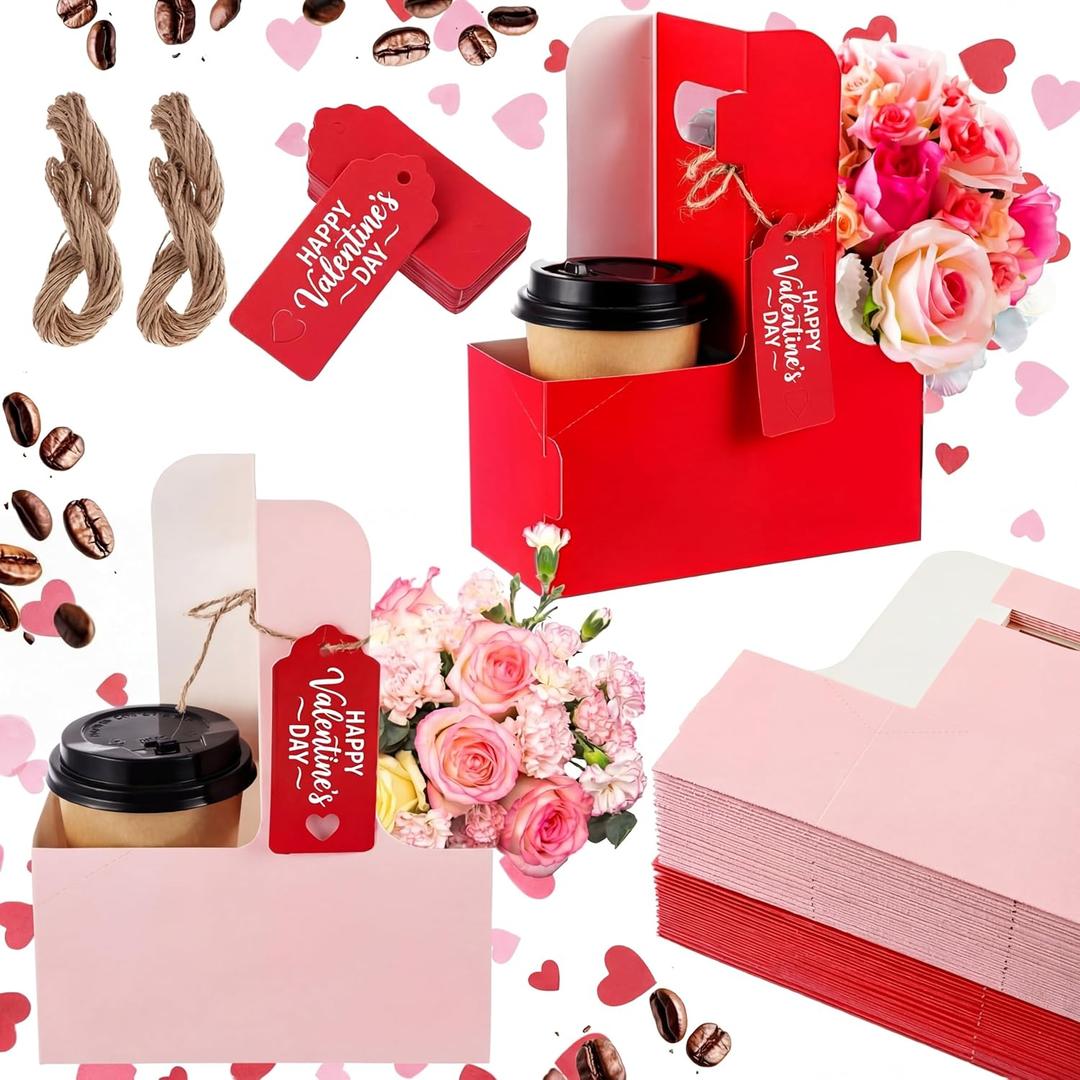 100 Pack 2 Cup Drink Carrier with Handle Kraft Paperboard Cup Holder Portable for Valentine Mother's Day Teachers' Day for Hot Cold Drinks Coffee Caddy with Heart Card Rope (Red,Pink)