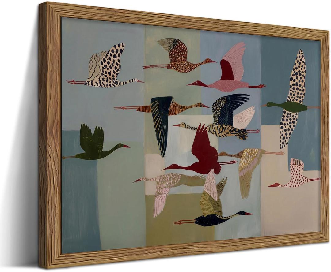 Framed Vintage Bird Wall Art, Colorful Flying Crane Canvas Print, Geometric Pattern Whimsical Nature Artwork, Modern Minimalist Folk Wall Decor for Living Room Bedroom Office 16x24in
