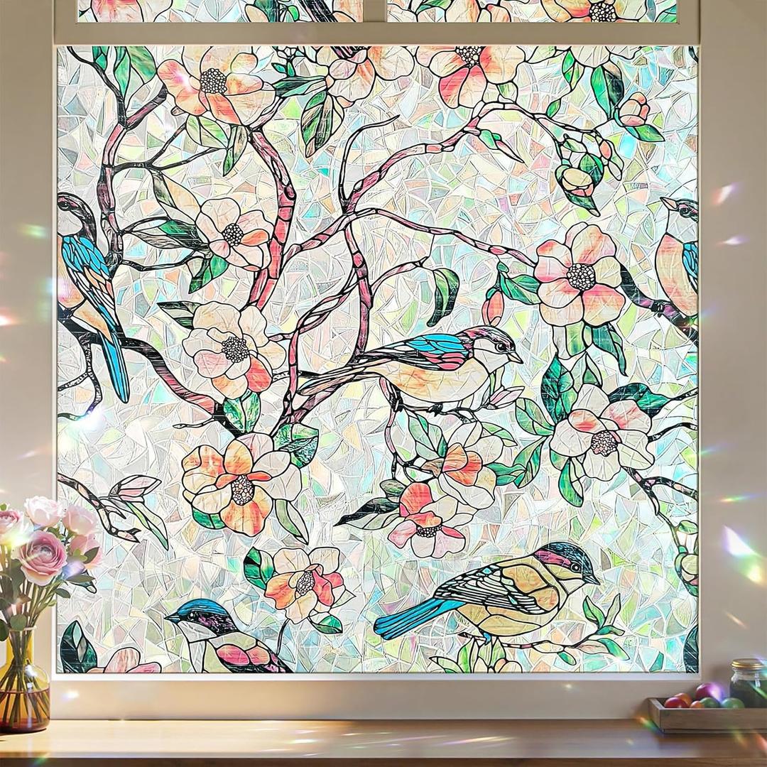 Rainbow Window Privacy Film, Stained Glass Cling, Blooms & Birds Paradise, 29.5" x 78.7"