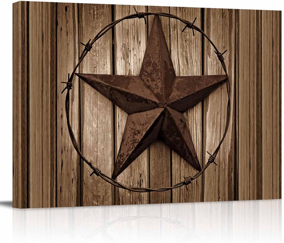 Western Texas Star Canvas Print Wall Art - Country Rustic Wood Grain Farmhouse Barn - Wall Decor Modern Artwork Paintings Pictures for Living Room Stretched and Framed Ready to Hang - 24" x 36"