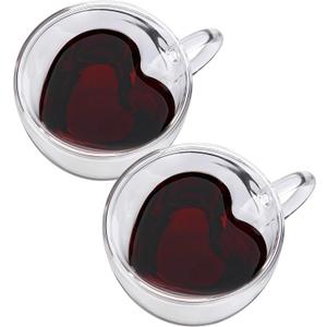 CNGLASS Valentines Day Gifts,Double Wall Heart Shaped Glass Coffee Mugs 8.5oz,Insulated Clear Tea Cups with Handle,Unique Glass Espresso Mugs for Coffee,Cappuccino,Latte,Milk,Set of 2