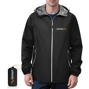 APEXUP Packable Rain Jacket Men with Reflective Zipper, Lightweight Waterproof Raincoat, Mens Rain Jacket for Outdoor Sports (Medium, Black)