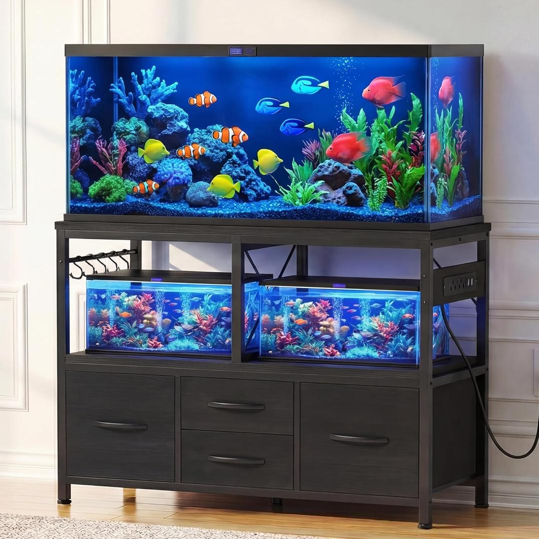 Heybly 30-40 Gallon Fish Tank Stand, Aquarium Stand with Drawer, Power Outlet, Heavy Duty Metal Frame, for Fish Tank, Turtle & Reptile Terrarium, 36.2" L 18.1" Top, 660lbs (Top)+330lbs(Mid), Black HAS004BK