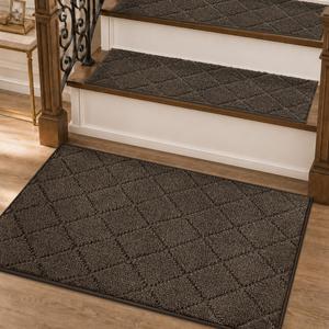 COSY HOMEER Stair Treads for Wooden Steps 11"x30" Washable Indoor Carpet Stair Treads Non Slip Soft Polyester Stair Carpet Tread Reusable Stair Runner Rugs for Kids, Elders,Pets,Brown,15pcs