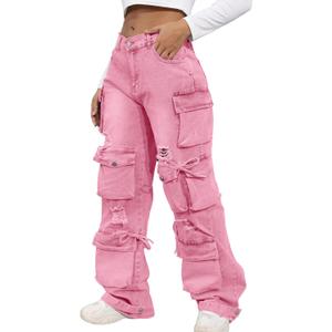 Ryehack Womens Baggy Jeans Y2k Cargo Jeans Casual High Waist Baggy Denim Cargo Pants with Pockets Streetwear (XX-Large, Pink)