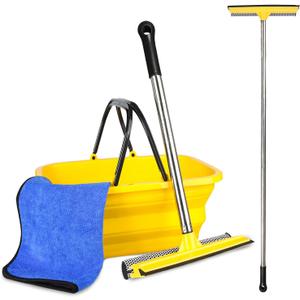 2 in 1 Car Window Squeegee and Collapsible Bucket Set,Long Handle,Yellow