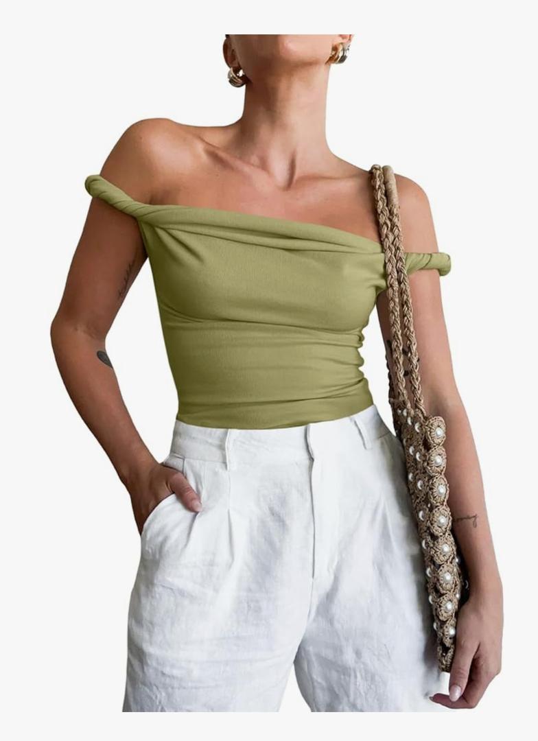 Tankaneo Womens Off The Shoulder Top Sleeveless Slim Fit Stretchy Tank Top Y2k Casual T Shirts (Small)