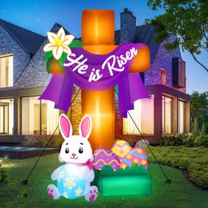 Leyndo 6 Ft/1.8 M Easter Inflatable Cross Outdoor Decoration Blow He is Risen Yard Decorations up with Built-in LED Lights Easter Eggs Bunny Party Decor for Yard Holiday Garden Lawn Indoor Home