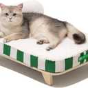 MEWOOFUN Modern Elevated Cat Couch Bed With Nonskid Bottom, Orthopedic Pet Sofa With Removable Washable Cover, Wooden Pet Furniture for Kitty Puppy, Green & White