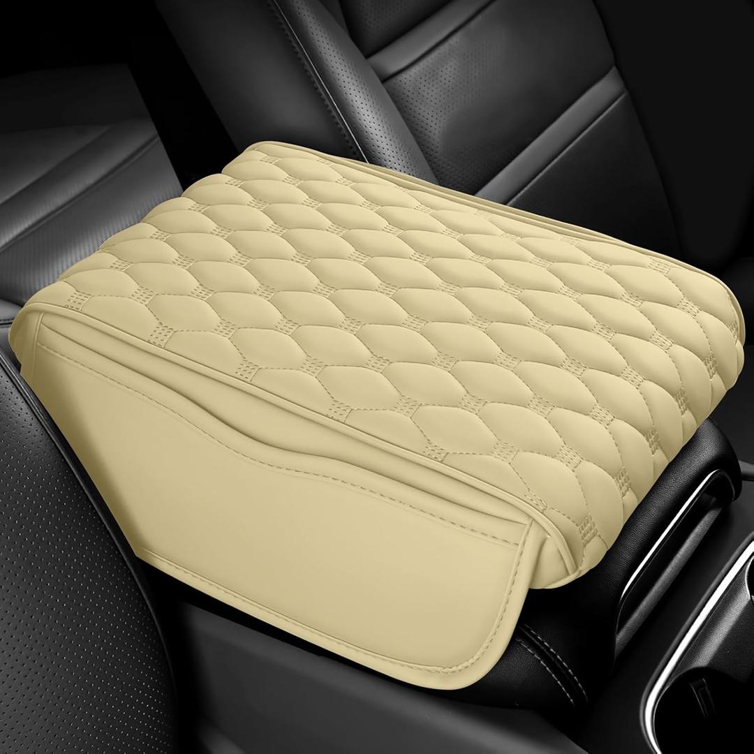 wuyaoyao Car Center Console Cover, 12.13"8.66"3.74" Leather Car Armrest Cover with with 2 Side Pockets, Memory Foam Soft Auto Armrest Cushion Pad, Universal Vehicle Arm Rest Protector (Beige)