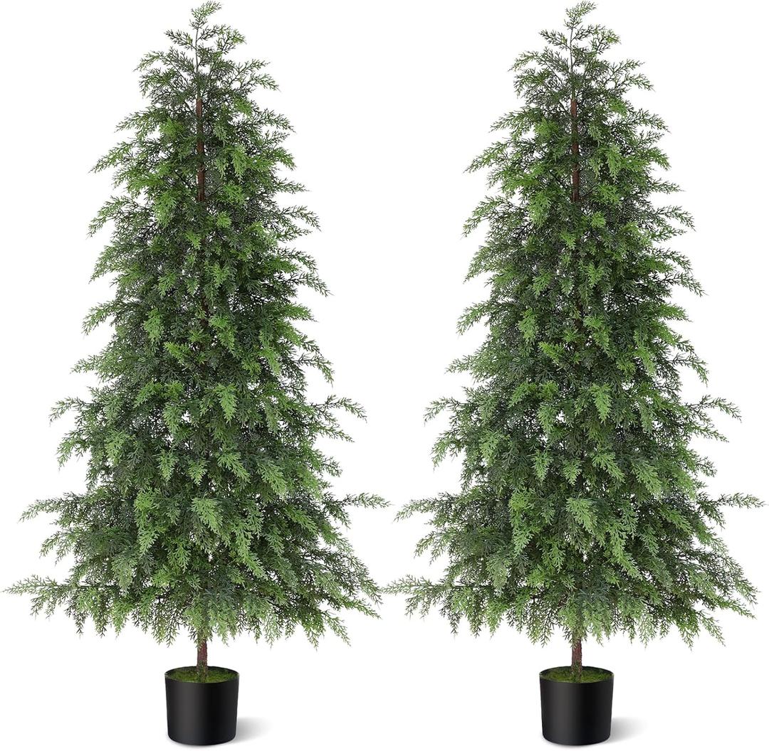 5FT Real Touch Cedar Topiary Trees for Front Porch Decor, Artificial Shrubs Faux Plants Potted UV Resistant Fake Greenery for Outdoor Indoor Door Garden Farmhouse Home Decoration (Set of 2)