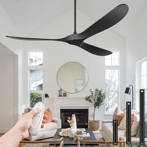 Ceiling Fans Without Light, 84 Inch Outdoor Fan No Light, Black Ceiling Fan with Remote, 3 Solid Wood Blades, Quiet Motor, High CFM, Propeller Large Ceiling Fan for Patios,Black